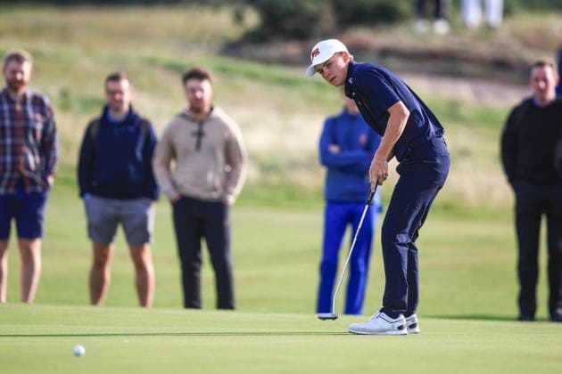 3rd September 2023; Old Course at St Andrews, St Andrews, Fife, Scotland; Walker Cup, Final Round; Connor Graham of Great Britain and Ireland holes a birdie putt on the fourth green on the Old Course, St Andrews, during a foursomes match  ActionPlus12550353 DavidxYoung