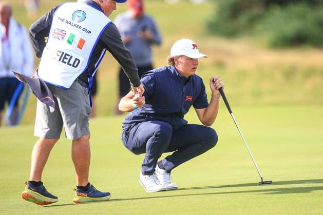 3rd September 2023; Old Course at St Andrews, St Andrews, Fife, Scotland; Walker Cup, Final Round; James Ashfield of Great Britain and Ireland lines up a putt on the fifth green on the Old Course, St Andrews, during a foursomes match  ActionPlus12550358 DavidxYoung