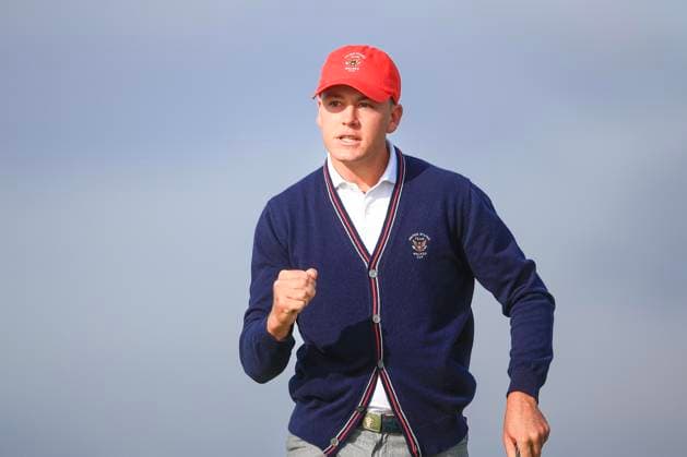 3rd September 2023; Old Course at St Andrews, St Andrews, Fife, Scotland; Walker Cup, Final Round; Preston Summerhays of the United States of America celebrates after holing a putt to win the fifth hole on the Old Course, St Andrews, during a foursomes match  ActionPlus12550363 DavidxYoung