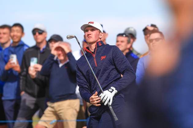 3rd September 2023; Old Course at St Andrews, St Andrews, Fife, Scotland; Walker Cup, Final Round; Calum Scott of Great Britain and Ireland plays from the rough on the sixteenth hole on the Old Course, St Andrews, during a foursomes match  ActionPlus12550393 DavidxYoung