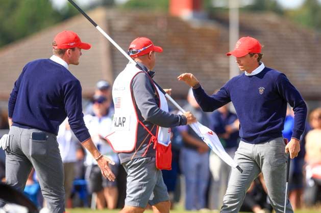 3rd September 2023; Old Course at St Andrews, St Andrews, Fife, Scotland; Walker Cup, Final Round; Gordon Sargent and Nick Dunlap of the United States of America celebrate after halving the 17th hole on the Old Course, St Andrews, to remain one up during a foursomes match against Connor Graham and Calum Scott of Great Britain and Ireland  ActionPlus12550400 DavidxYoung
