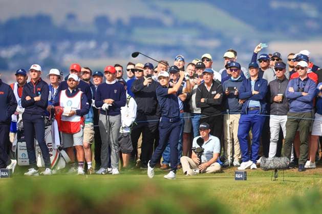 3rd September 2023; Old Course at St Andrews, St Andrews, Fife, Scotland; Walker Cup, Final Round; Connor Graham of Great Britain and Ireland tees off on the fourteenth hole on the Old Course, St Andrews, during a foursomes match  ActionPlus12550385 DavidxYoung