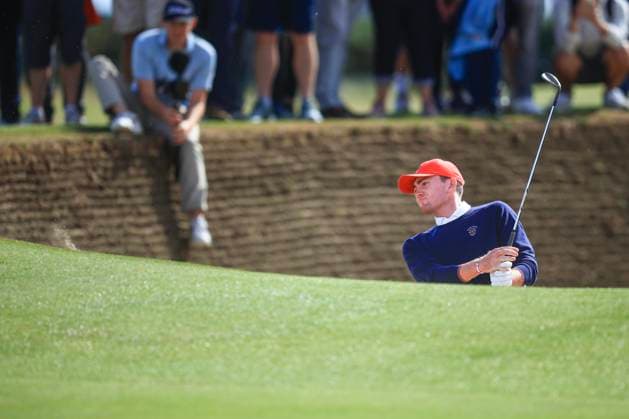 3rd September 2023; Old Course at St Andrews, St Andrews, Fife, Scotland; Walker Cup, Final Round; Nick Dunlap of the United States of America fails to get out of a green side bunker on the fifteenth hole on the Old Course, St Andrews, during a foursomes match  ActionPlus12550389 DavidxYoung