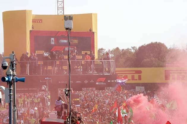 FORMULA 1 PIRELLI GRAN PREMIO D ITALIA 2023 03 09 2023, Autodromo Nazionale di Monza, Monza, FORMULA 1 PIRELLI GRAN PREMIO D ITALIA 2023 ,in the picture winner Max Verstappen NLD , Oracle Red Bull Racing, 2nd place for Sergio Perez MEX , Oracle Red Bull Racing, 3rd place for Carlos Sainz Jr ESP , Scuderia Ferrari nordphotoxGmbHx xBratic nph00250