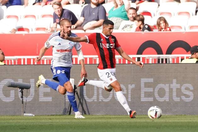 Thomas Delaine (RC Strasbourg) - Youcef Atal (OGC Nice) FOOTBALL : OGC Nice vs RC Strasbourg - Ligue 1 Uber Eats - Nice - 03 09 2023 NorbertScanella Panoramic 