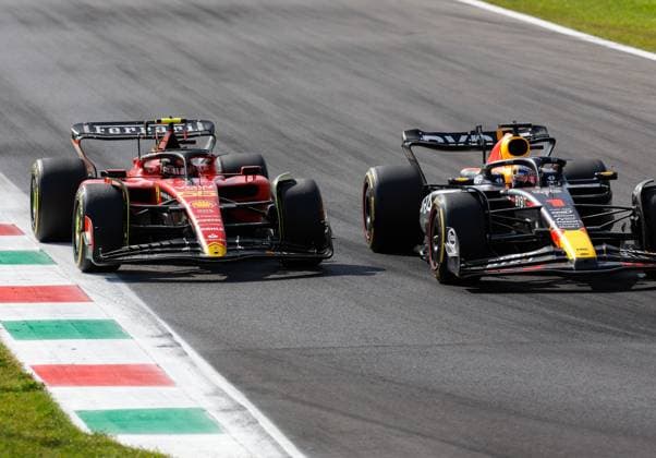 55 Carlos Sainz ESP, Scuderia Ferrari , 1 Max Verstappen NLD, Oracle Red Bull Racing , F1 Grand Prix of Italy at Autodromo Nazionale Monza on September 3, 2023 in Monza, Italy Photo by HOCH ZWEI Monza Italy