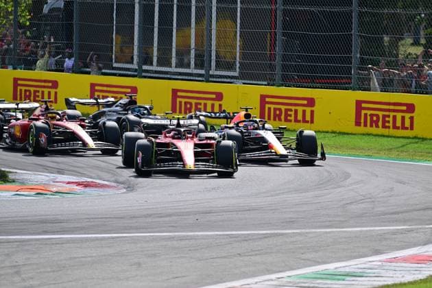 Start, 55 Carlos Sainz ESP, Scuderia Ferrari , 1 Max Verstappen NLD, Oracle Red Bull Racing , 16 Charles Leclerc MCO, Scuderia Ferrari , 63 George Russell GBR, Mercedes AMG Petronas F1 Team , F1 Grand Prix of Italy at Autodromo Nazionale Monza on September 3, 2023 in Monza, Italy Photo by HOCH ZWEI Monza Italy