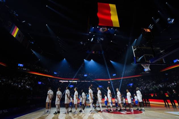 (230903) -- OKINAWA, Sept. 3, 2023 -- Players of Germany line up prior to the second round match between Germany and Slovenia at the FIBA World Cup 2023 in Okinawa, Japan, Sept. 3, 2023. ) (SP)JAPAN-OKINAWA-BASKETBALL-FIBA WORLD CUP-SECOND ROUND-GER VS SLO ZhangxXiaoyu 