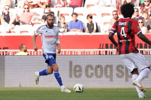 Thomas Delaine (RC Strasbourg) FOOTBALL : OGC Nice vs RC Strasbourg - Ligue 1 Uber Eats - Nice - 03 09 2023 NorbertScanella Panoramic 