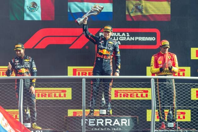 Formula 1 GP Italy Monza Sunday, 03 09 2023 Max Verstappen , Sergio Perez and Carlos Sainz on the podium Formula 1 GP Italy Monza Sunday, 03 09 2023 Copyright: xBEAUTIFULxSPORTS Erlhofx