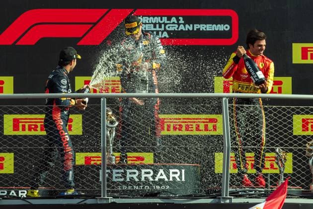 Formula 1 GP Italy Monza Sunday, 03 09 2023 Max Verstappen , Sergio Perez and Carlos Sainz on the podium Formula 1 GP Italy Monza Sunday, 03 09 2023 Copyright: xBEAUTIFULxSPORTS Erlhofx