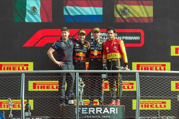 Formula 1 GP Italy Monza Sunday, 03 09 2023 Max Verstappen , Sergio Perez and Carlos Sainz on the podium Formula 1 GP Italy Monza Sunday, 03 09 2023 Copyright: xBEAUTIFULxSPORTS Erlhofx