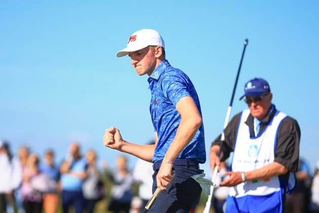 3rd September 2023; Old Course at St Andrews, St Andrews, Fife, Scotland; Walker Cup, Final Round; Calum Scott of Great Britain and Ireland celebrates after winning the 15th hole to keep his match alive  ActionPlus12550625 DavidxYoung