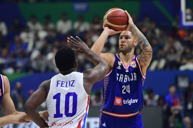 September 3, 2023, Quezon City, Luzon, Philippines: Andres Feliz (L) of Dominican Republic basketball team and Stefan Jovic (R) of Serbia men basketball team are seen in action during the FIBA Men s Basketball World Cup 2023 match between Dominican Republic and Serbia held at the Araneta Coliseum in Quezon City. Final score Serbia 112:79 Dominican Republic. Quezon City Philippines - ZUMAs197 20230903_aaa_s197_155 Copyright: xLuisxVeniegrax