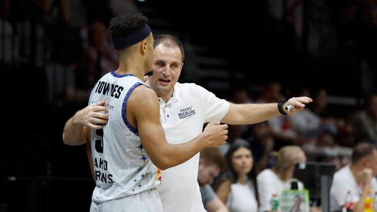 Picture f li Marques Townes HAKRO Merlins Crailsheim and Head Coach Nikola Markovic HAKRO Merlins Crailsheim , Entertainment, Meeting 03 09 2023, EMS Cup 2023, Final Wuerzburg Baskets HAKRO Merlins Crailsheim, Germany, Nuremberg, Kia Metropol Arena Copyright: HMBxMedia xHeikoxBecker