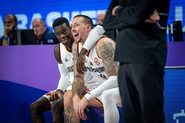 Basketball Okinawa 03 09 2023 FIBA Basketball World Cup 2023 World Cup Men Round 2 Germany GER Slovenia SLO Dennis Schröder Schroeder Germany, No 17 Schröder Schroder Daniel Theis Germany, No 10 Embrace Joy