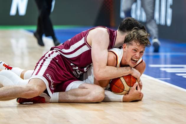 Basketball Manila Pasay 06 09 2023 FIBA Basketball World Cup 2023 Mens World Cup Quarterfinals Germany GER Latvia LAT Moritz Wagner Germany, No 13 RODIONS KURUCS Latvia, No 00