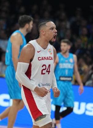 (230906) -- MANILA, Sept. 6, 2023 -- Canada s Dillon Brooks celebrates during the quarterfinal between Canada and Slovenia at the 2023 FIBA World Cup in Manila, the Philippines, Sept. 6, 2023. ) (SP)PHILIPPINES-MANILA-BASKETBALL-FIBA WORLD CUP-QUARTERFINAL-CAN VS SLO MengxYongmin 