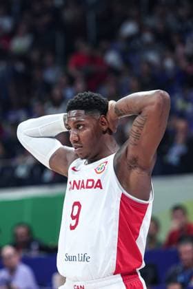 (230906) -- MANILA, Sept. 6, 2023 -- Canada s RJ Barrett reacts during the quarterfinal between Canada and Slovenia at the 2023 FIBA World Cup in Manila, the Philippines, Sept. 6, 2023. ) (SP)PHILIPPINES-MANILA-BASKETBALL-FIBA WORLD CUP-QUARTERFINAL-CAN VS SLO WuxZhuang 