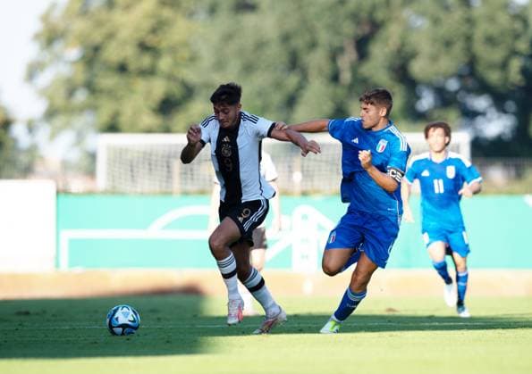 Football, U20, season 2023 24, Elite League U20 1 matchday , Germany U20 Italy U20 in Berlin, v l Stefano Marino U20 Germany , Giacomo Faticanti U20 Italy , 07 09 2023, Copyright: xSebastianxRäppold MatthiasxKochx