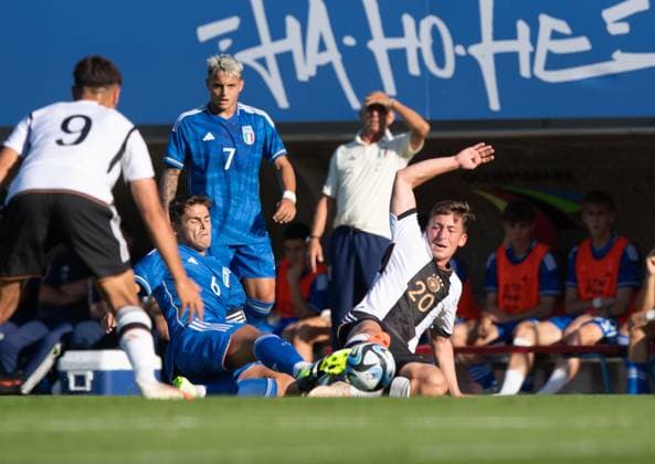 Football, U20, season 2023 24, Elite League U20 1 matchday , Germany U20 Italy U20 in Berlin, v l Stefano Marino U20 Germany , Giacomo Faticanti U20 Italy , Marius Wörl U20 Germany , 07 09 2023, Copyright: xSebastianxRäppold MatthiasxKochx
