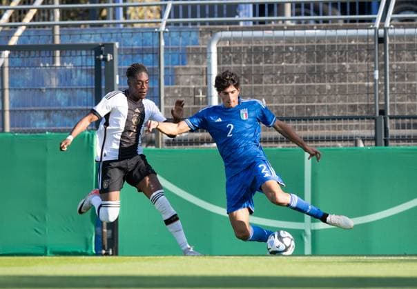 Football, U20, season 2023 24, Elite League U20 1 matchday , Germany U20 Italy U20 in Berlin, v l Justin Diehl U20 Germany , Tomasso Barbieri U20 Italy , 07 09 2023, Copyright: xSebastianxRäppold MatthiasxKochx