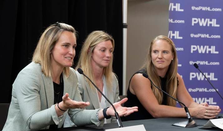 September 7, 2023, MONTREAL, PQ, Canada: Canadian hockey players Marie-Philip Poulin, left, Laura Stacey, centre, and Ann-Renee Desbiens, are introduced by the Professional WomenöÄÃ s Hockey League as the first three players to sign free agent contracts with the leagueöÄÃ s Montreal franchise in Montreal, Thursday, Sept. 7, 2023. Canada News - September 7, 2023  - ZUMAc35_ 20230907_zaf_c35_080 Copyright: xChristinnexMuschix