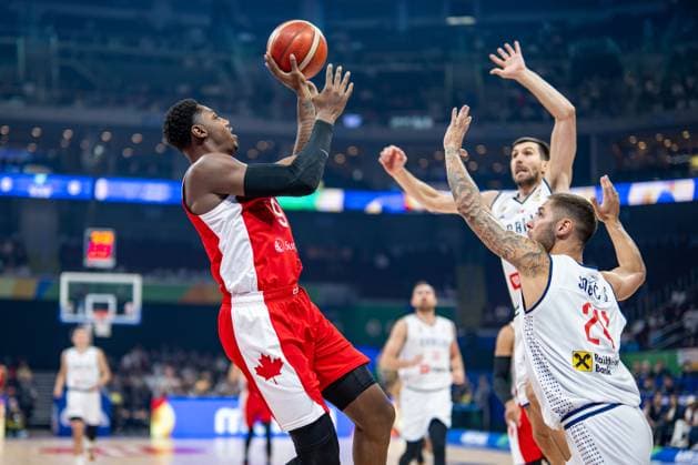 Basketball Manila Pasay 08 09 2023 FIBA Basketball World Cup 2023 Mens World Cup Semifinals Serbia SRB Canada CAN RJ Barrett Canada, No 09 Stefan Jovic Serbia, No 24