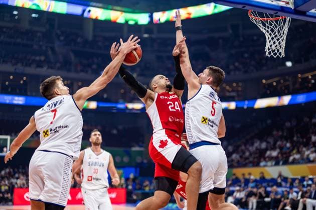 Basketball Manila Pasay 08 09 2023 FIBA Basketball World Cup 2023 Mens World Cup Semifinals Serbia SRB Canada CAN Dillon Brooks Canada, No 24 Nikola Jovic Serbia, No 05 Bogdan Bogdanovic Serbia, No 07