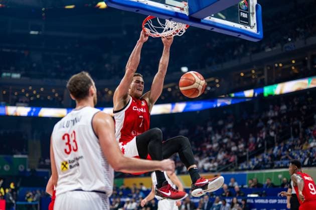Basketball Manila Pasay 08 09 2023 FIBA Basketball World Cup 2023 Mens World Cup Semifinals Serbia SRB Canada CAN Dwight Powell Canada, No 07 Nikola Milutinov Serbia, No 33