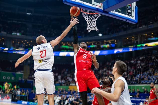 Basketball Manila Pasay 08 09 2023 FIBA Basketball World Cup 2023 Mens World Cup Semifinals Serbia SRB Canada CAN RJ Barrett Canada, No 09 Dejan Davidovac Serbia, No 27