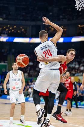 Basketball Manila Pasay 08 09 2023 FIBA Basketball World Cup 2023 Mens World Cup Semifinals Serbia SRB Canada CAN Dwight Powell Canada, No 07 Stefan Jovic Serbia, No 24