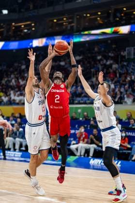 Basketball Manila Pasay 08 09 2023 FIBA Basketball World Cup 2023 Mens World Cup Semifinals Serbia SRB Canada CAN Shai Gilgeous Alexander Canada, No 02 Ognjen Dobric Serbia, No 13 Nikola Jovic Serbia, No 05