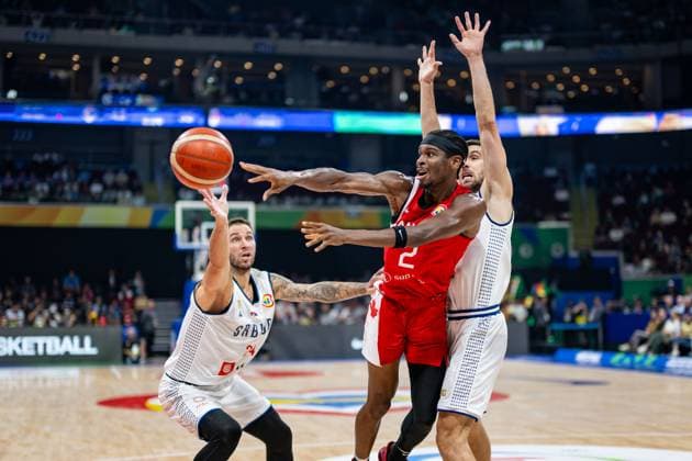 Basketball Manila Pasay 08 09 2023 FIBA Basketball World Cup 2023 Mens World Cup Semifinals Serbia SRB Canada CAN Shai Gilgeous Alexander Canada, No 02 Ognjen Dobric Serbia, No 13 Stefan Jovic Serbia, No 24