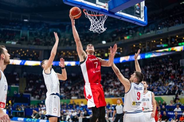 Basketball Manila Pasay 08 09 2023 FIBA Basketball World Cup 2023 Mens World Cup Semifinals Serbia SRB Canada CAN Dwight Powell Canada, No 07 Vanja Marinkovic Serbia, No 09
