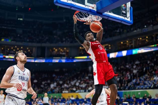 Basketball Manila Pasay 08 09 2023 FIBA Basketball World Cup 2023 Mens World Cup Semifinals Serbia SRB Canada CAN RJ Barrett Canada, No 09 Nikola Milutinov Serbia, No 33