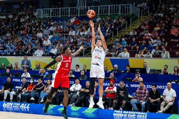 Basketball Manila Pasay 08 09 2023 FIBA Basketball World Cup 2023 Mens World Cup Semifinals Serbia SRB Canada CAN Bogdan Bogdanovic Serbia, No 07 RJ Barrett Canada, No 09