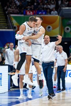 Basketball Manila Pasay 08 09 2023 FIBA Basketball World Cup 2023 Mens World Cup Semifinals Serbia SRB Canada CAN Cheers Serbia Bogdan Bogdanovic Serbia, No 07 Vanja Marinkovic Serbia, No 09