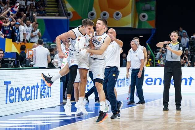Basketball Manila Pasay 08 09 2023 FIBA Basketball World Cup 2023 Mens World Cup Semifinals Serbia SRB Canada CAN Cheers Serbia Bogdan Bogdanovic Serbia, No 07 Vanja Marinkovic Serbia, No 09
