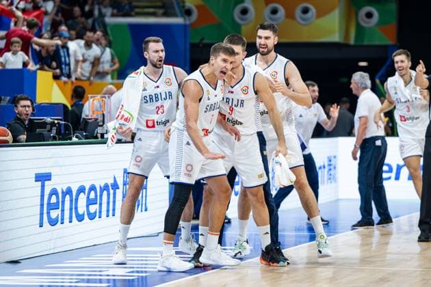Basketball Manila Pasay 08 09 2023 FIBA Basketball World Cup 2023 Mens World Cup Semifinals Serbia SRB Canada CAN Cheers Serbia Bogdan Bogdanovic Serbia, No 07 Vanja Marinkovic Serbia, No 09 Marko Guduric Serbia, No 23