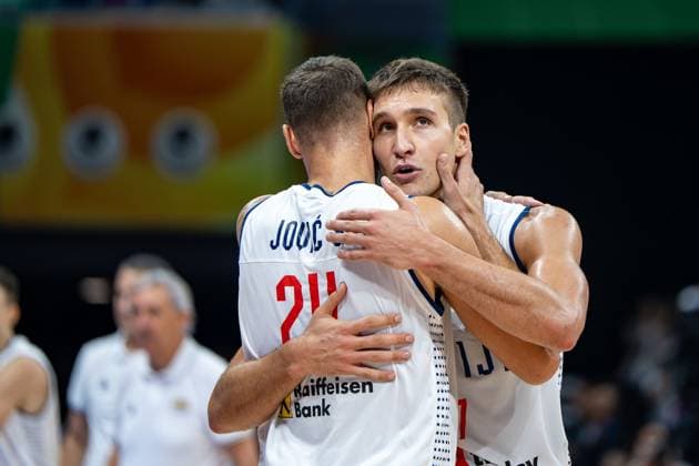 Basketball Manila Pasay 08 09 2023 FIBA Basketball World Cup 2023 Mens World Cup Semifinals Serbia SRB Canada CAN Serbia wins and is in the final of the World Cup Bogdan Bogdanovic Serbia, No 07 Stefan Jovic Serbia, No 24 Cheers Serbia