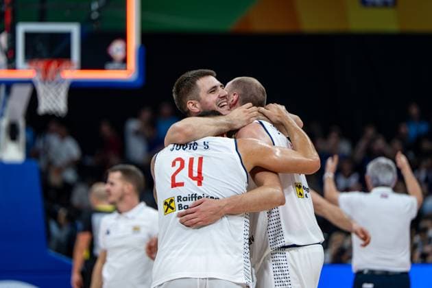 Basketball Manila Pasay 08 09 2023 FIBA Basketball World Cup 2023 Mens World Cup Semifinals Serbia SRB Canada CAN Serbia wins and is in the final of the World Cup Nikola Jovic Serbia, No 05 Dejan Davidovac Serbia, No 27 Stefan Jovic Serbia, No 24 Cheers Serbia
