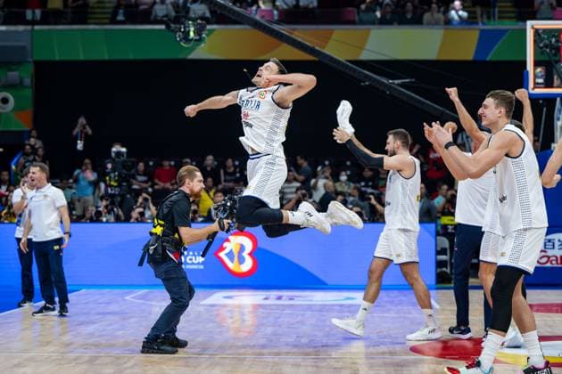 Basketball Manila Pasay 08 09 2023 FIBA Basketball World Cup 2023 Mens World Cup Semifinals Serbia SRB Canada CAN Serbia wins and advances to the final of the World Cup Aleksa Avramovic Serbia, No 30 Cheers Serbia