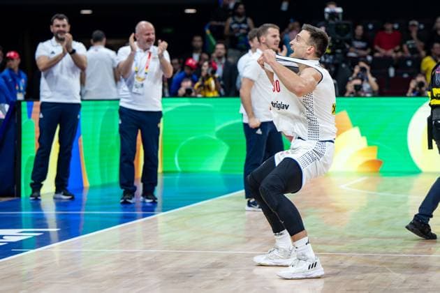 Basketball Manila Pasay 08 09 2023 FIBA Basketball World Cup 2023 Mens World Cup Semifinals Serbia SRB Canada CAN Serbia wins and advances to the final of the World Cup Aleksa Avramovic Serbia, No 30 Cheers Serbia