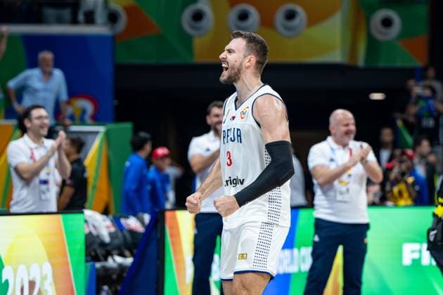 Basketball Manila Pasay 08 09 2023 FIBA Basketball World Cup 2023 Mens World Cup Semifinals Serbia SRB Canada CAN Serbia wins and advances to the final of the World Cup Marko Guduric Serbia, No 23 Cheers Serbia