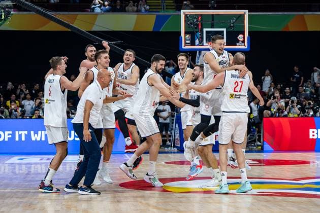 Basketball Manila Pasay 08 09 2023 FIBA Basketball World Cup 2023 Mens World Cup Semifinals Serbia SRB Canada CAN Serbia wins and is in the final of the World Cup Cheers Serbia