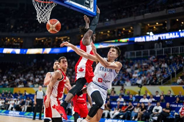 Basketball Manila Pasay 08 09 2023 FIBA Basketball World Cup 2023 Mens World Cup Semifinals Serbia SRB Canada CAN Bogdan Bogdanovic Serbia, No 07 Luguentz Dort Canada, No 00