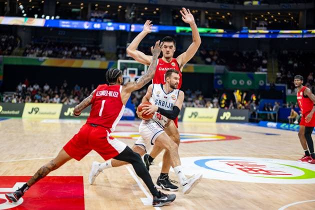 Basketball Manila Pasay 08 09 2023 FIBA Basketball World Cup 2023 Mens World Cup Semifinals Serbia SRB Canada CAN Marko Guduric Serbia, No 23 Zach Edey Canada, No 15 Nickeil Alexander Walker Canada, No 01