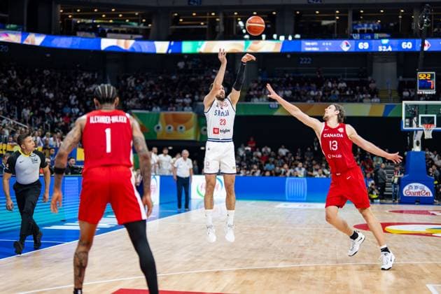 Basketball Manila Pasay 08 09 2023 FIBA Basketball World Cup 2023 Mens World Cup Semifinals Serbia SRB Canada CAN Marko Guduric Serbia, No 23 Kelly Olynyk Canada, No 13