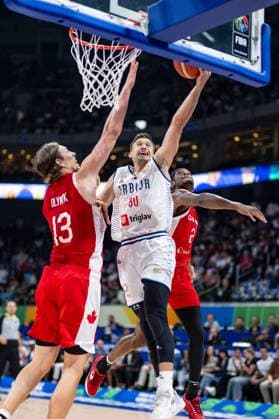 Basketball Manila Pasay 08 09 2023 FIBA Basketball World Cup 2023 Mens World Cup Semifinals Serbia SRB Canada CAN Aleksa Avramovic Serbia, No 30 Kelly Olynyk Canada, No 13 Shai Gilgeous Alexander Canada, No 02